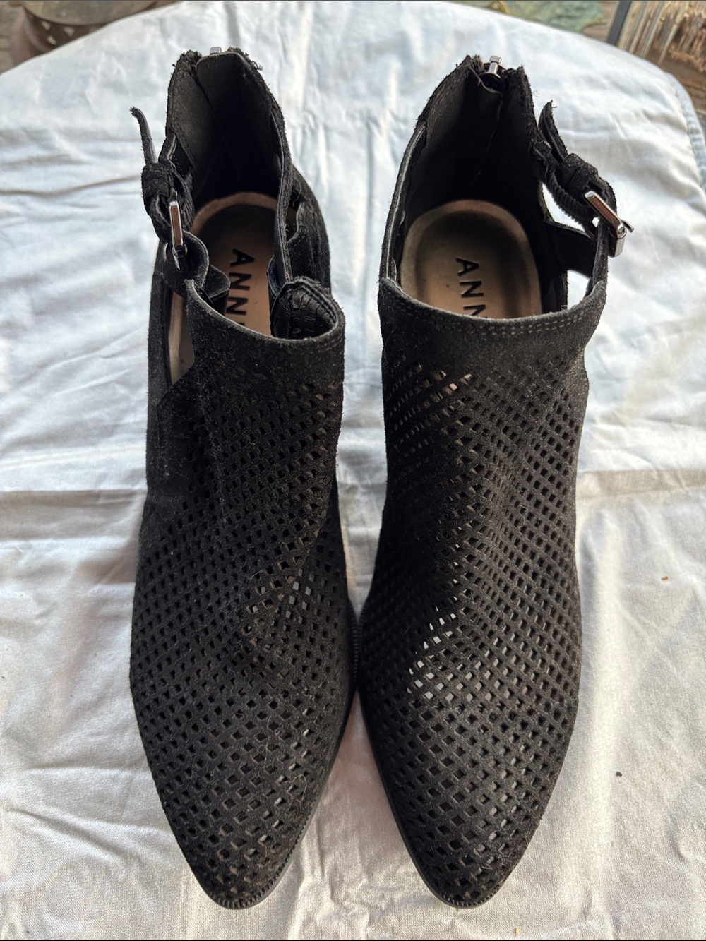 Anne Klein Black Perforated Pointed Toe Cutout Ankle Booties